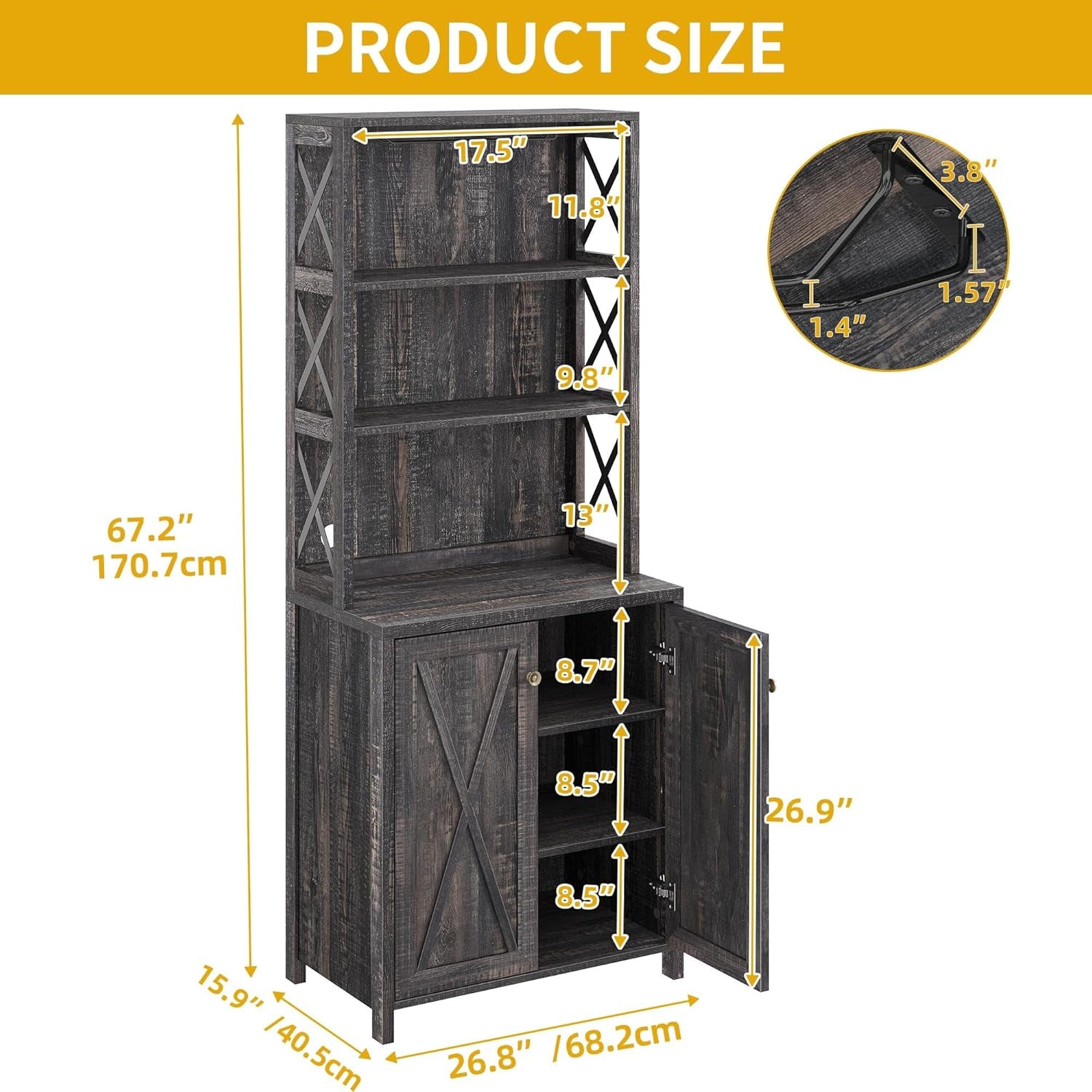 67 Inch Rustic Oak Wine Bar Cabinet With Adjustable Shelves