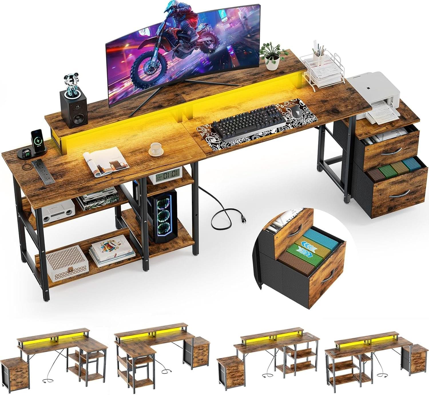 69.3 Inch L Shaped Desk With Power Outlets And Monitor Stand