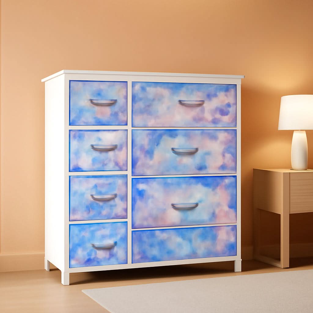 7 Drawer Kids Dresser With Tie Dye Fabric Bins And Wood Top