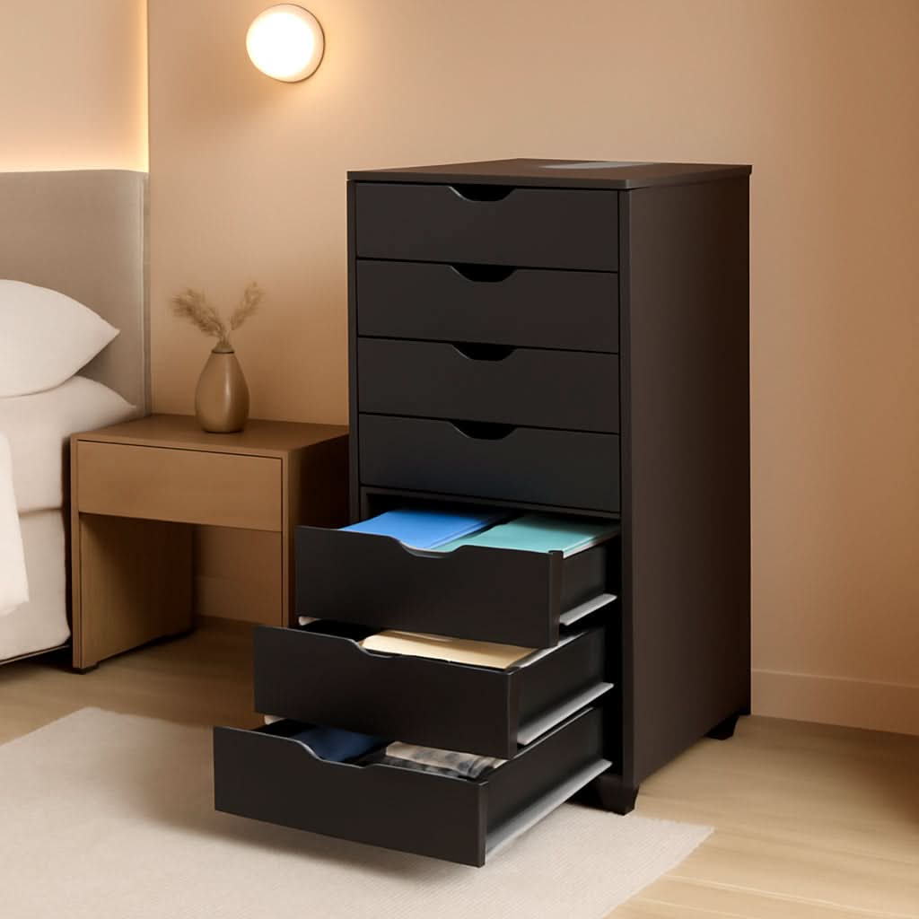 7-Drawer Mobile Storage Chest Wooden Dresser With Wheels Black Wood