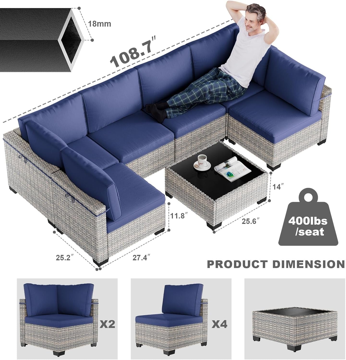 7 Piece Navy Blue Patio Furniture Set With Thick Cushions