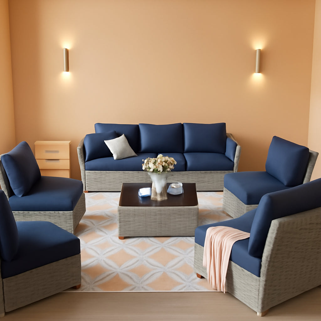 7 Piece Navy Blue Patio Furniture Set With Thick Cushions