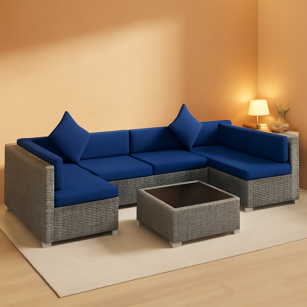 7 Piece Outdoor Patio Furniture Set Wicker Cushions Blue