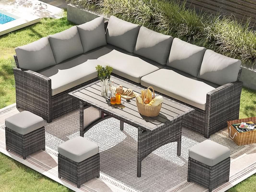 7 Piece Outdoor Patio Sectional Set All Weather Wicker Grey Cushions
