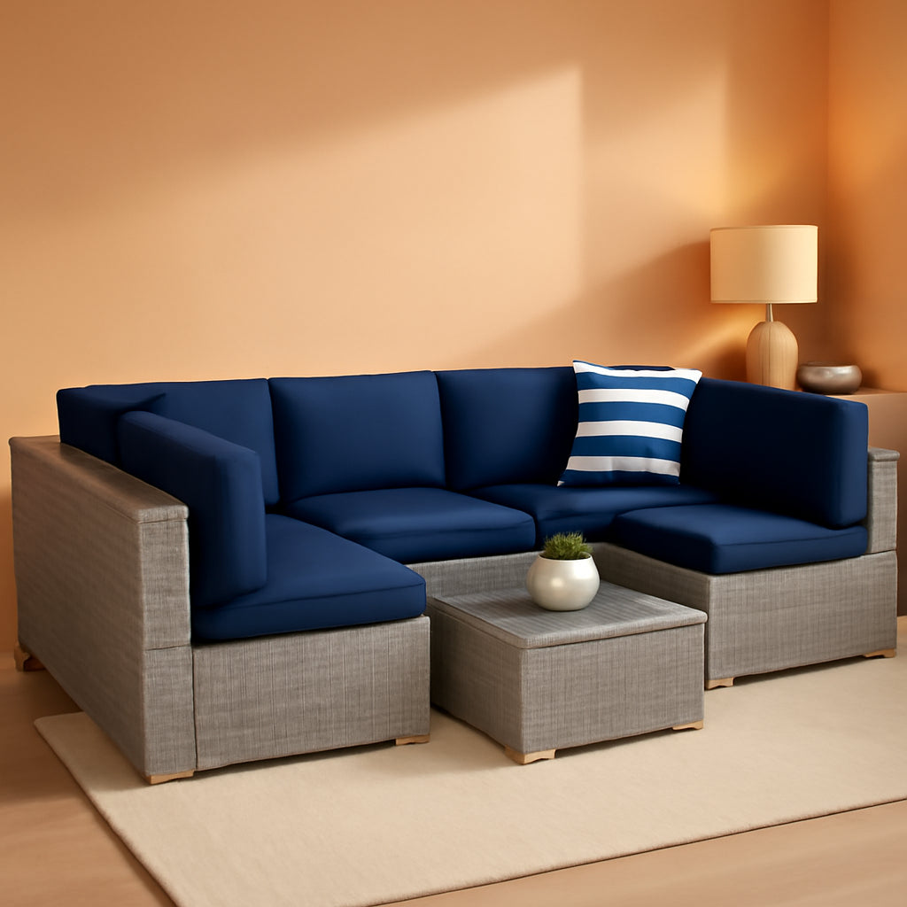 7 Piece Outdoor Wicker Sectional Set Gray And Navy