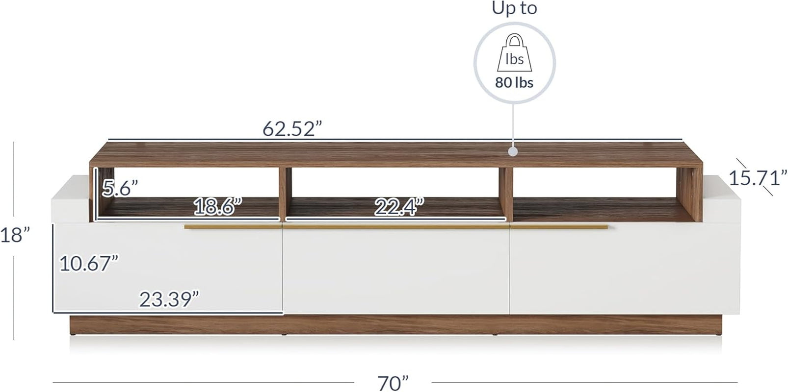 70 Inch White TV Stand With Open Shelves And Drawers