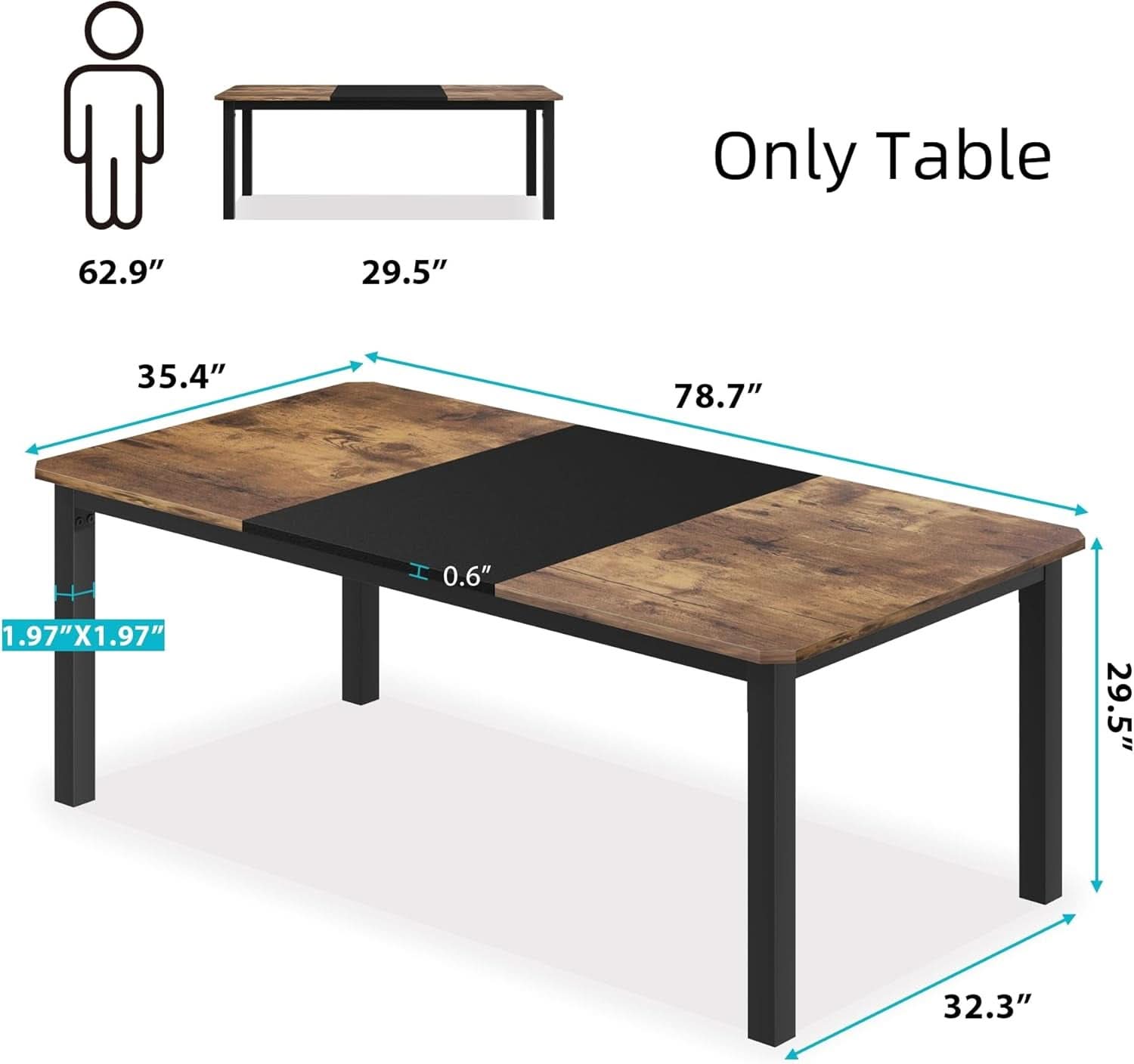78 Inch Dining Table With Industrial Metal Frame For 6 To 8