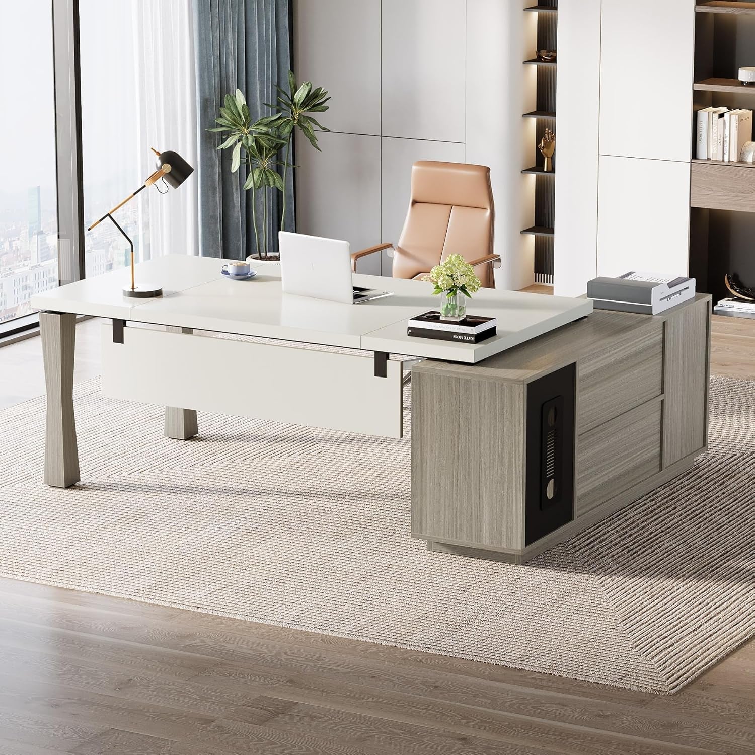 79 Inch L Shaped Desk Gray Cream White With Storage