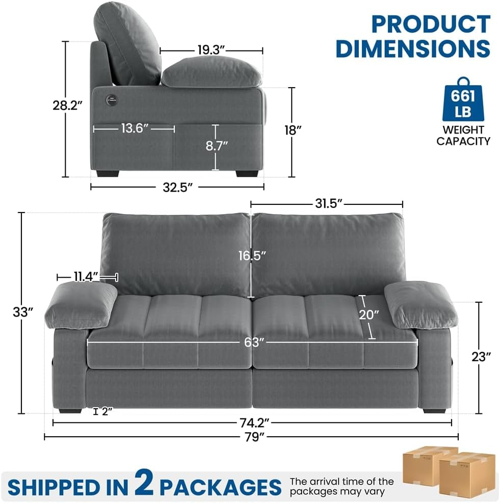 79 Inch Velvet Sofa With USB Ports For Living Room Decor