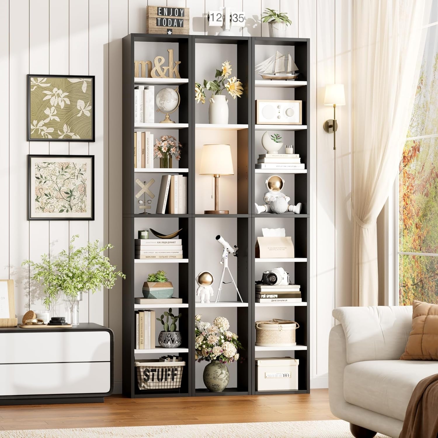 8 Tier Media Tower Rack With Adjustable Shelves Black White