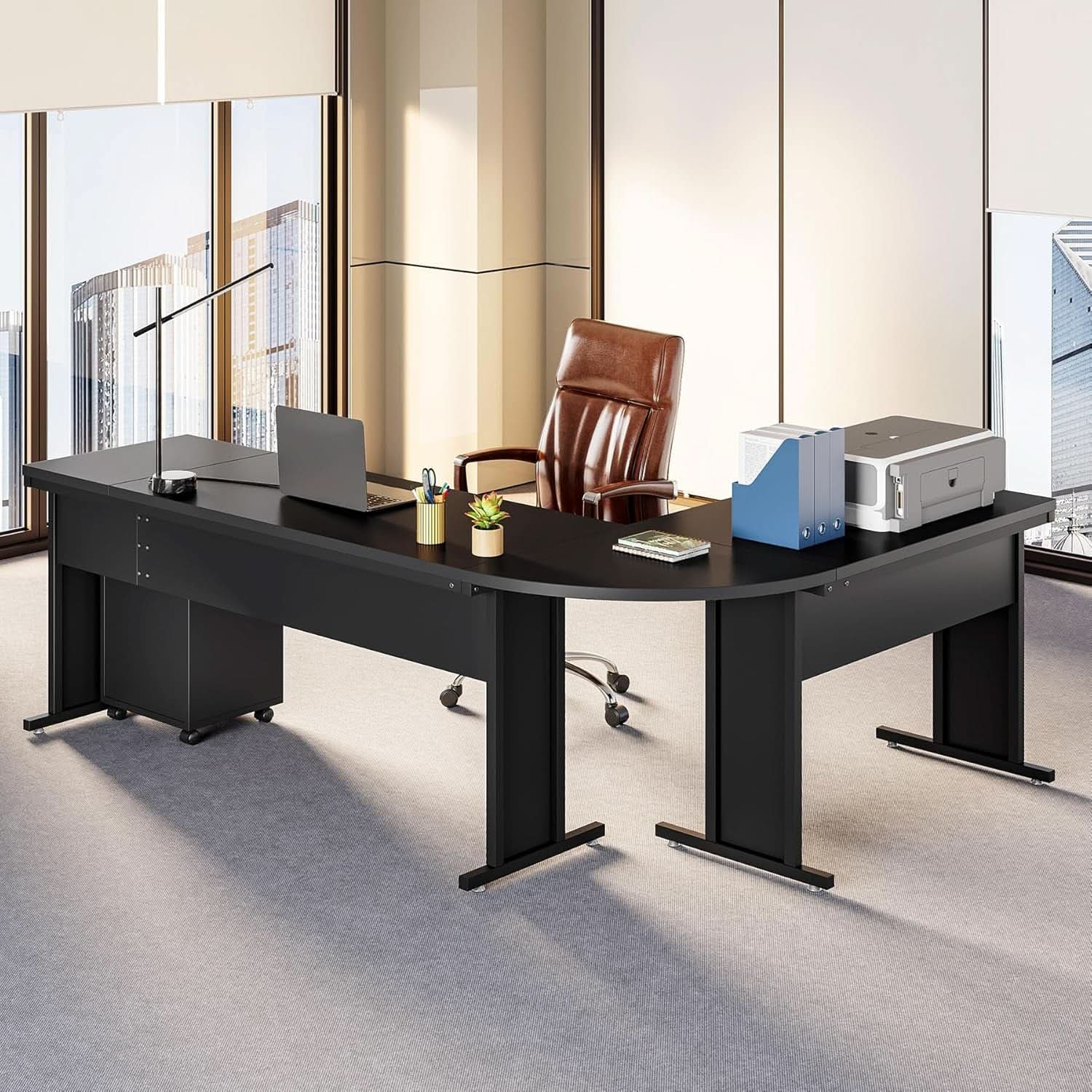 83 Inch L Shaped Desk With 3 Drawer File Cabinet Office