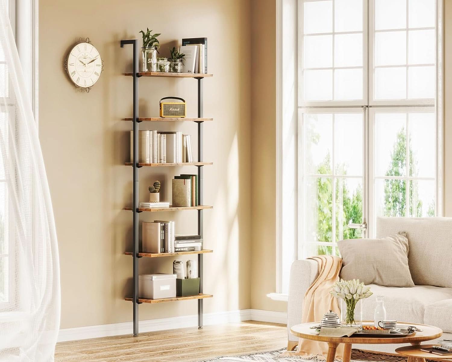 87 Inch Wall Mounted Ladder Shelf With Metal Frame