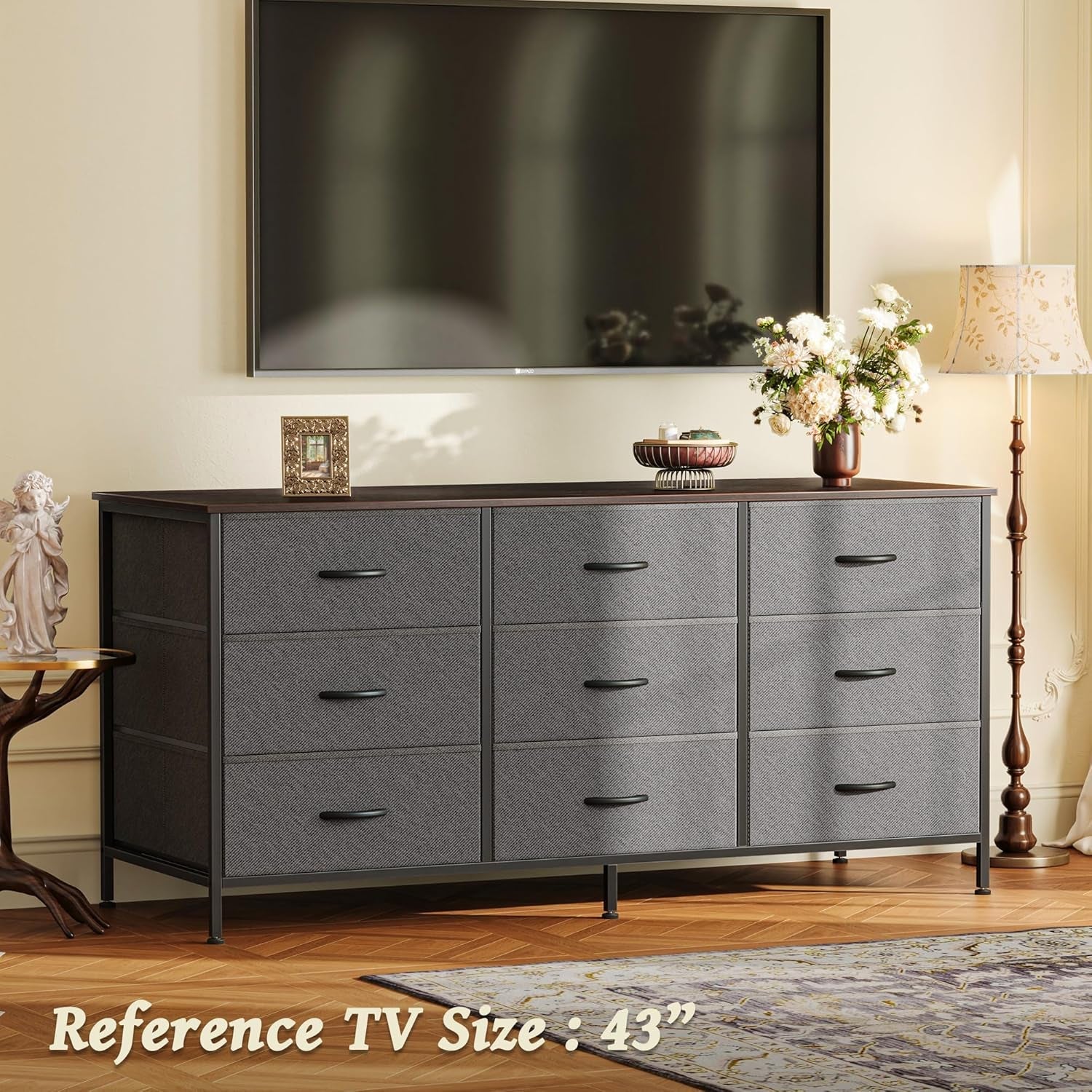 9 Drawer Dresser TV Stand 47 Inch Dark Grey for 50 55 TV