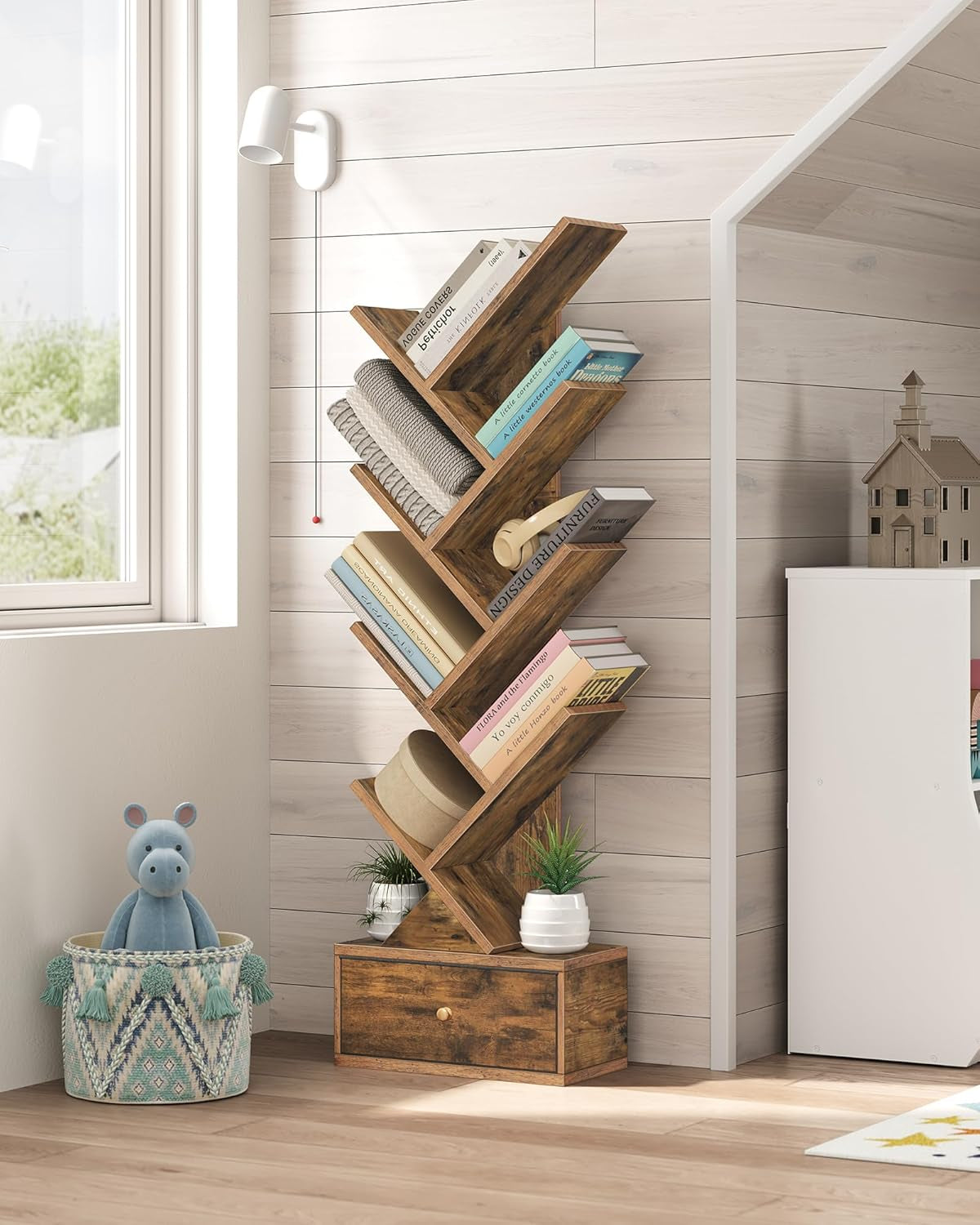 9 Tier Tree Book Shelf With Drawer Rustic Brown Narrow