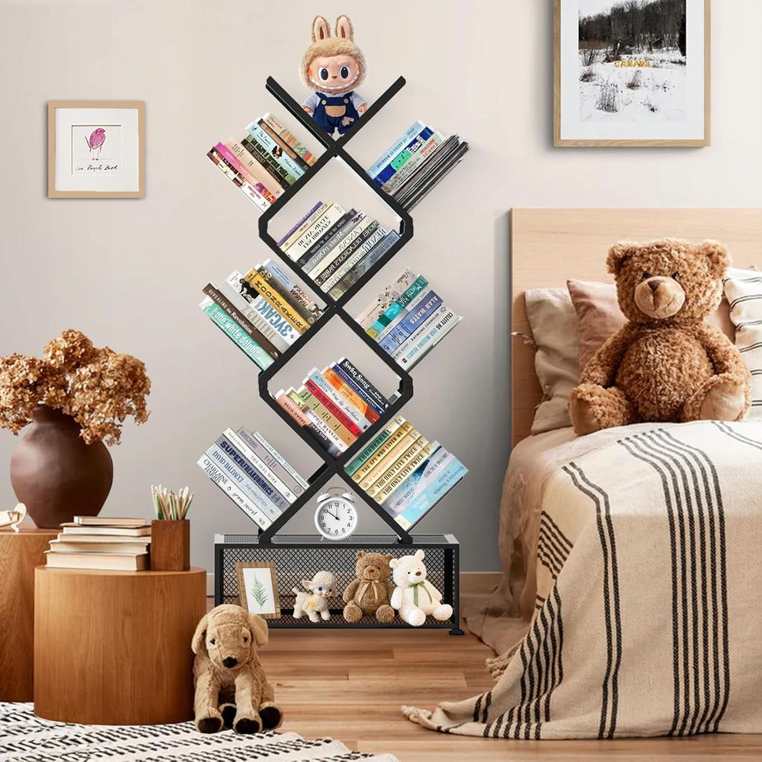 9 Tier Tree Bookshelf With Storage Cabinet Black Metal