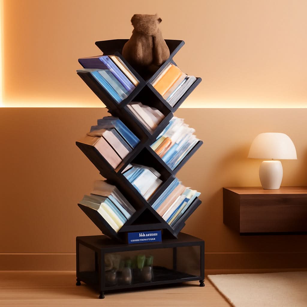 9 Tier Tree Bookshelf With Storage Cabinet Black Metal