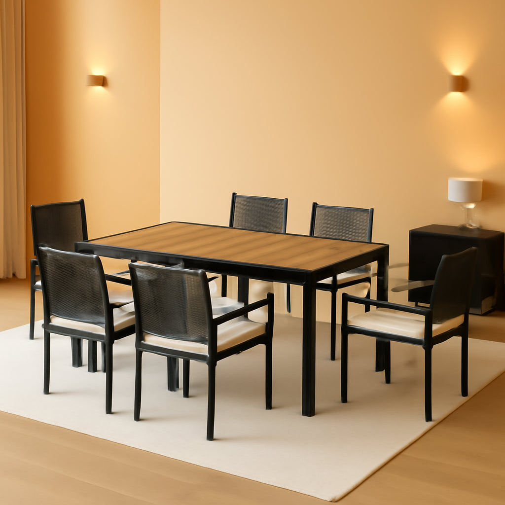 AERBUSKE 7 Piece Patio Outdoor Table And Chairs Set With Acacia Wood Table Top