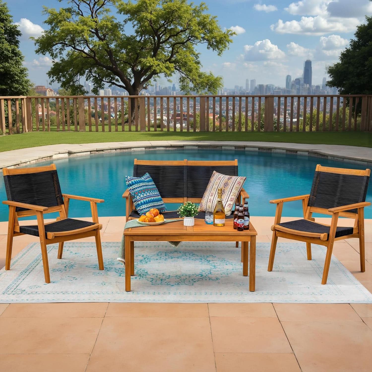 Acacia Wood Patio Conversation Set with Comfortable Rope Seats