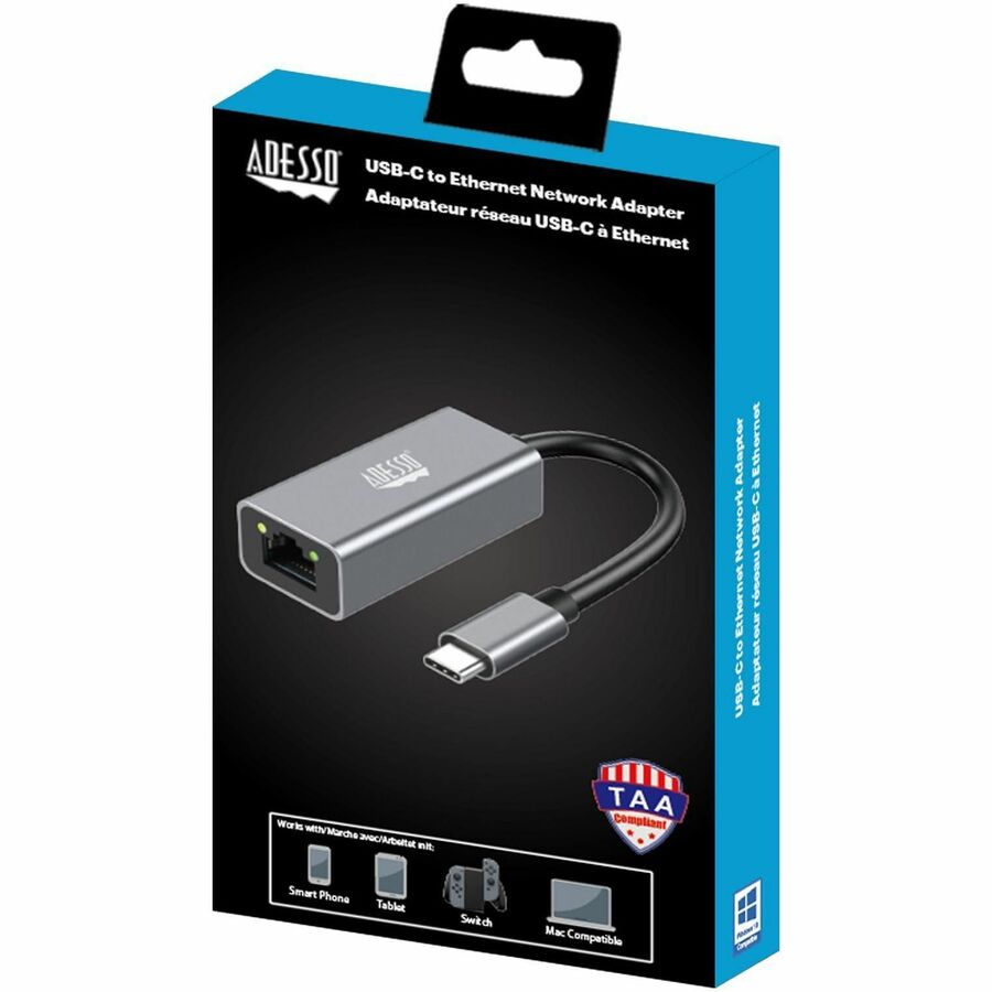 Adesso USB-C to Ethernet Network Adapter (TAA Compliant) - USB Type C - 125 MB/s Data