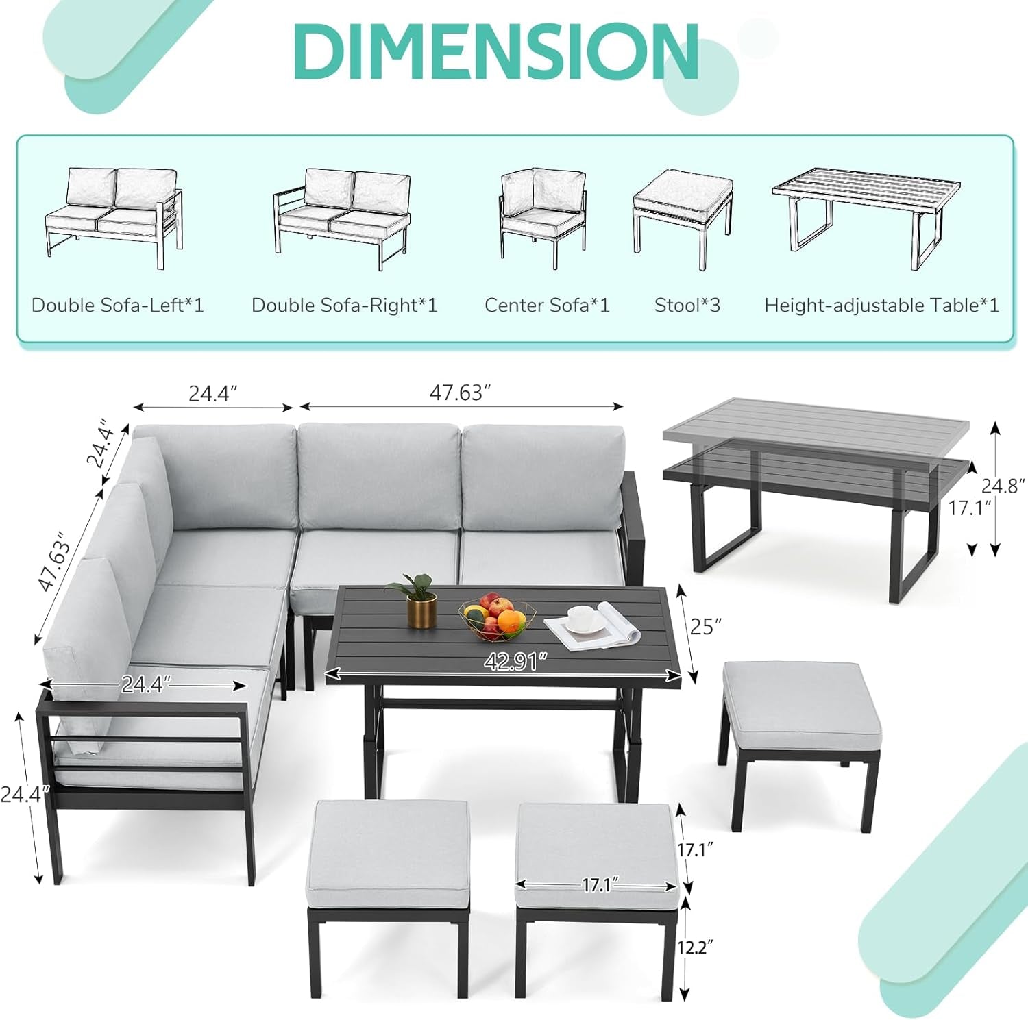All Weather Aluminum Frame 7 Piece Outdoor Patio Set Grey