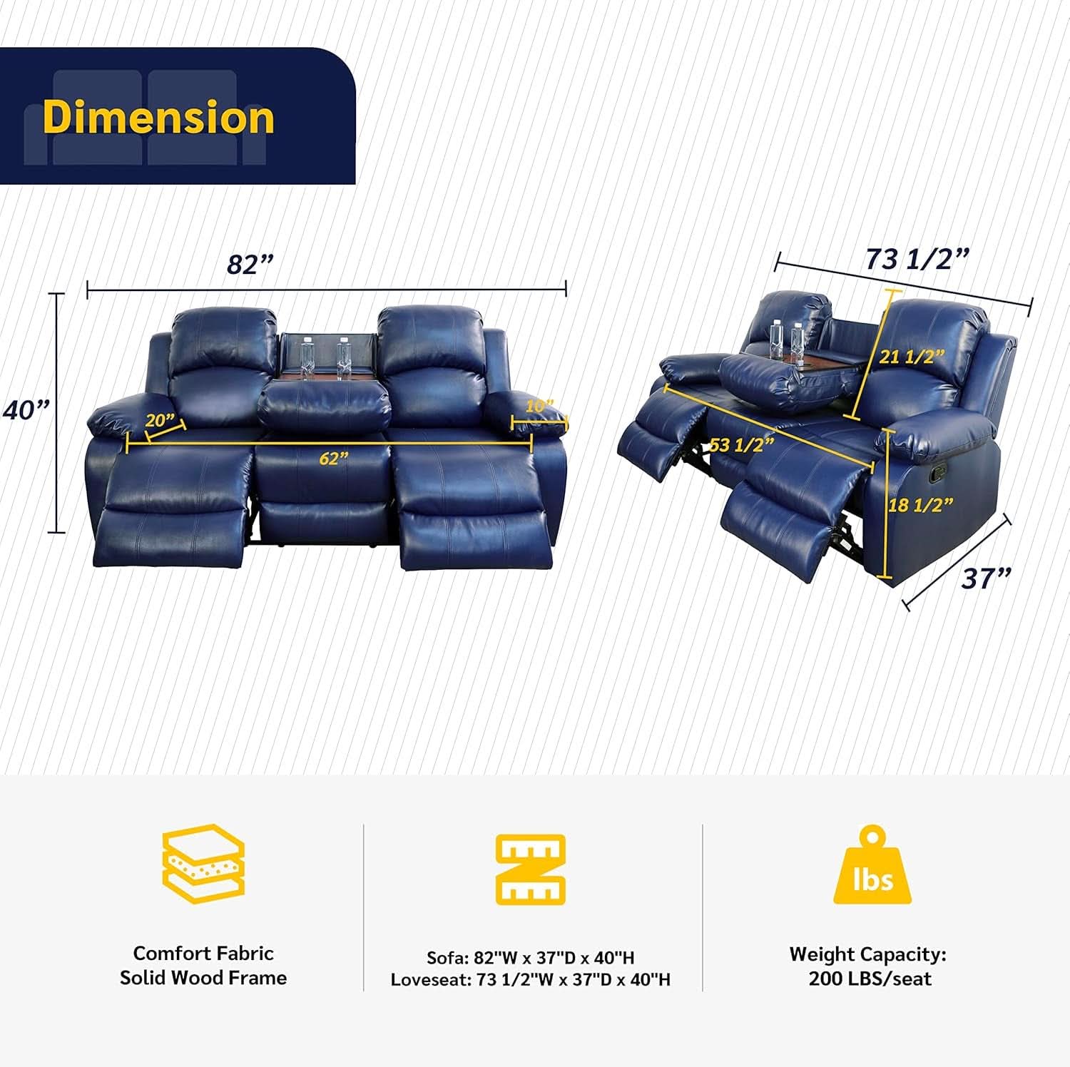Alpine 2 Piece Living Room Sofa Loveseat Set Navy Blue