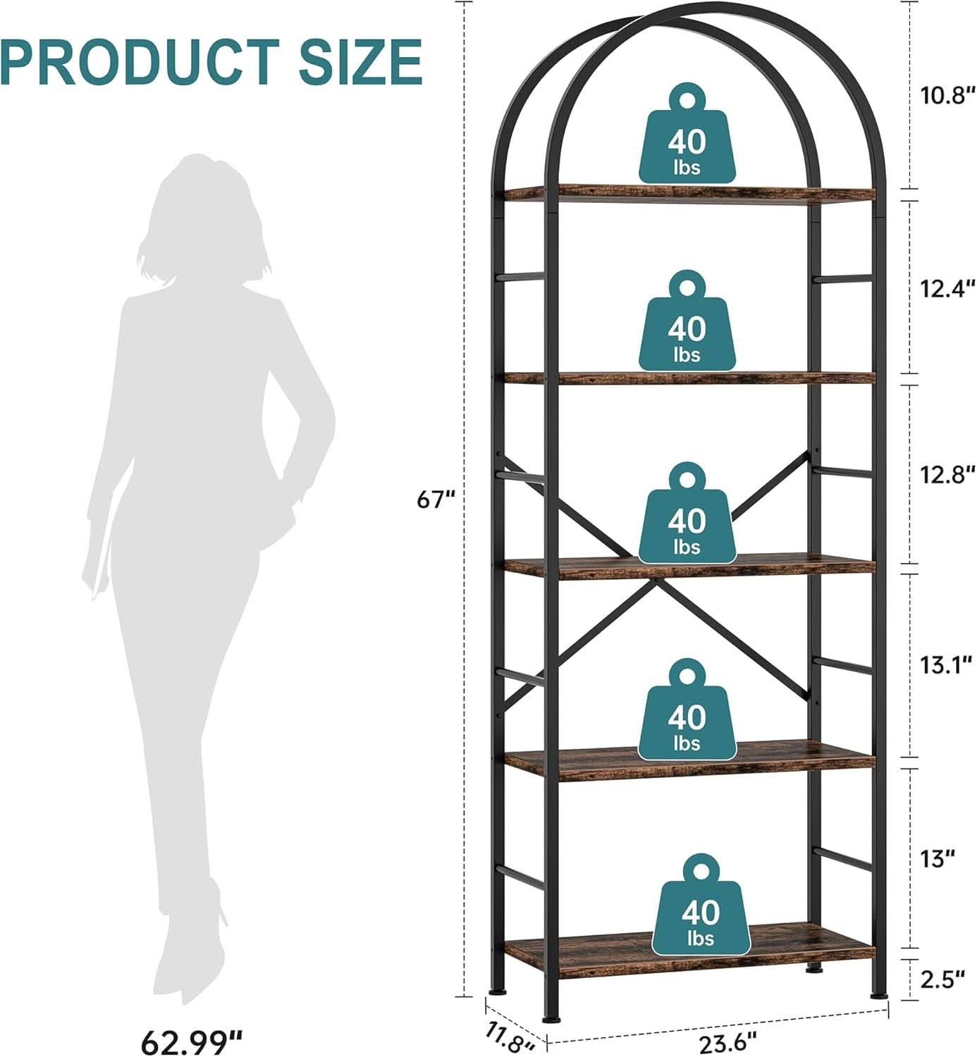 Arched Five Tier Bookshelf Rustic Brown Storage Unit