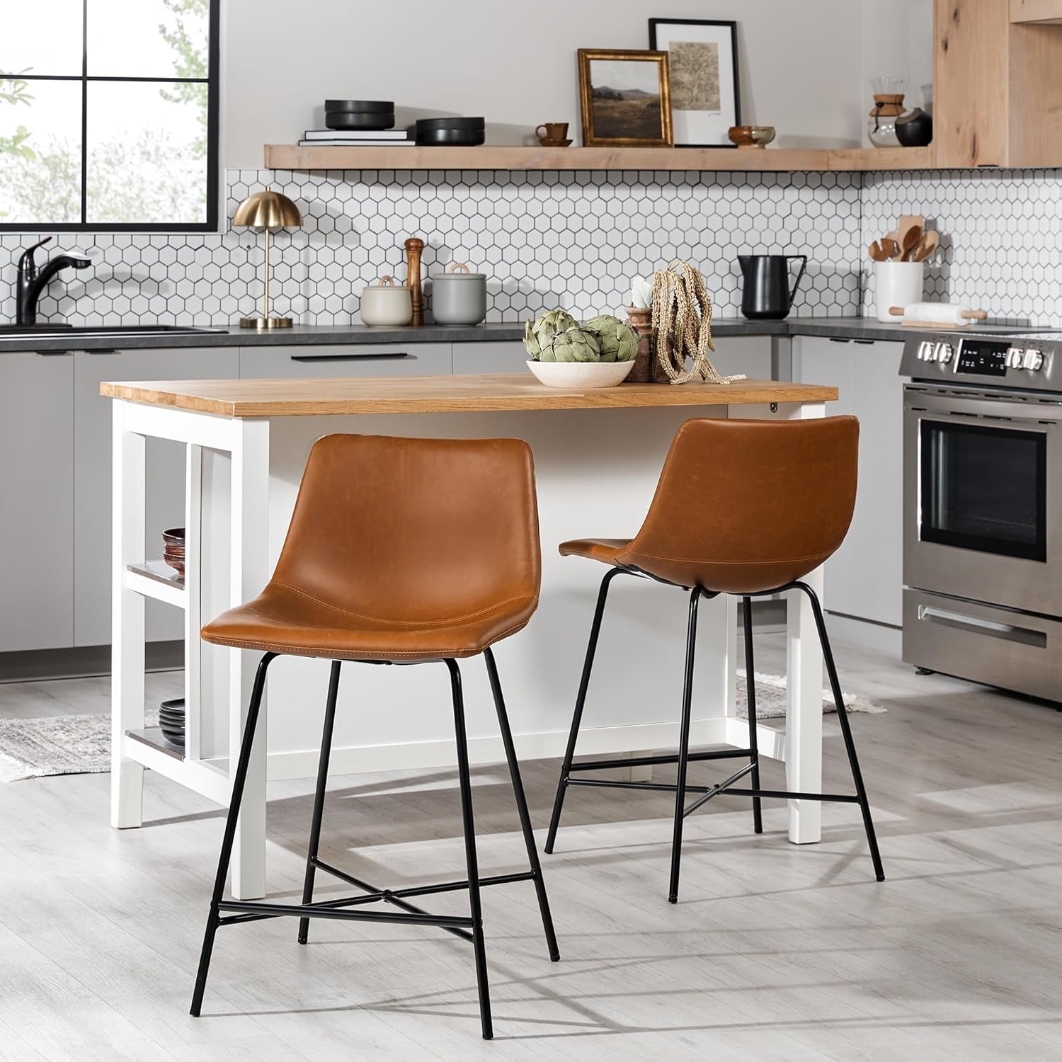 Armless Counter Stools Set Of 2 Whiskey Brown Faux Leather