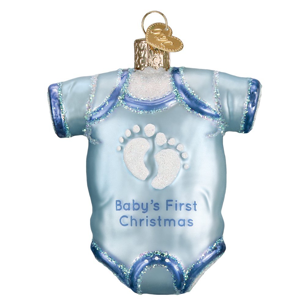 Babys First Christmas Blue Baby Onesie Glass Ornament