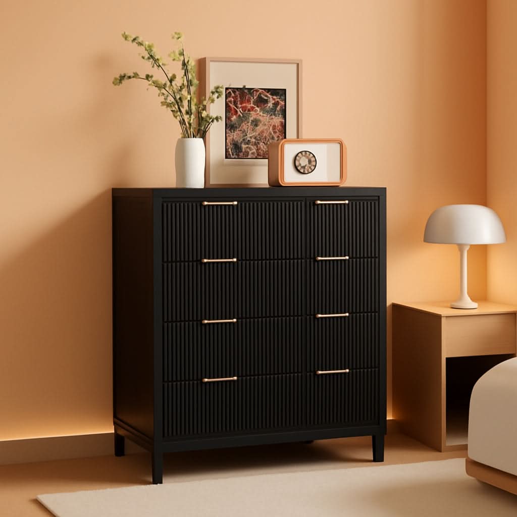 Black 4 Drawer Dresser With Waveform Fluted Panel Storage