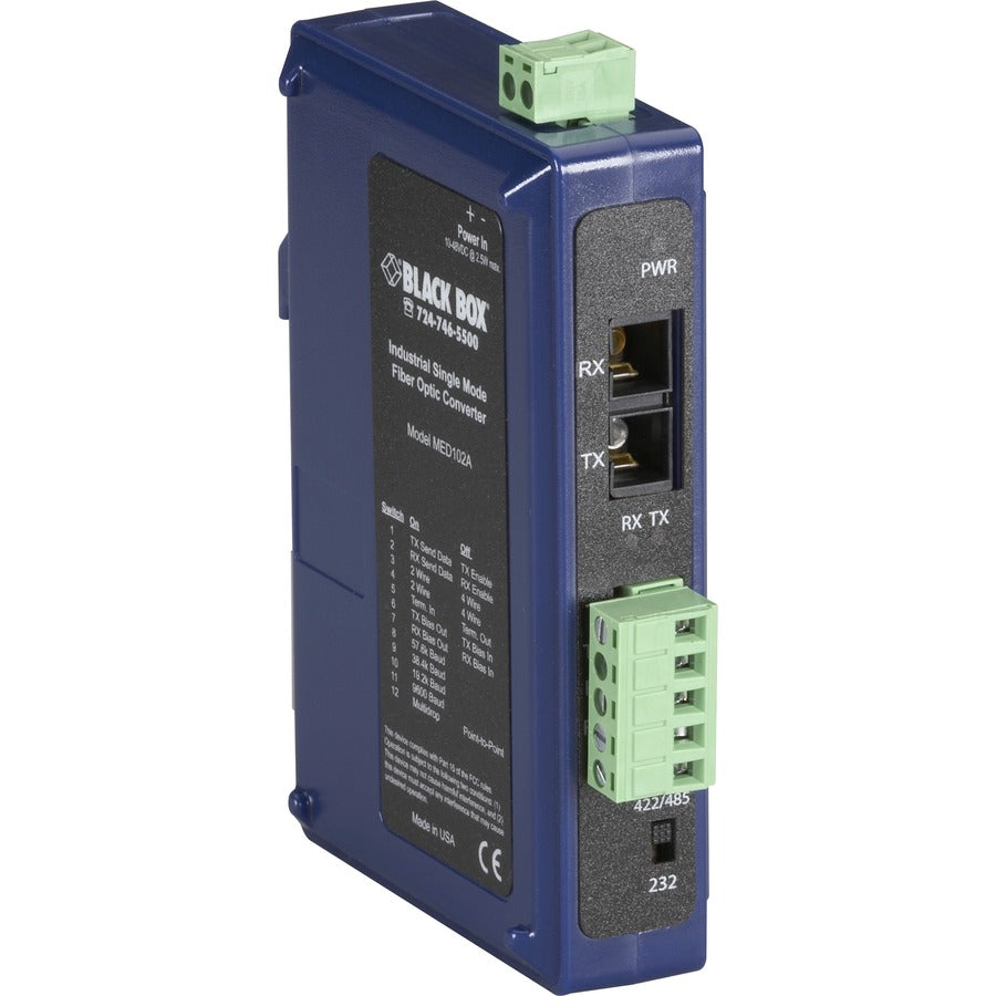 Black Box Industrial DIN Rail RS-232/RS-422/RS-485 Fiber Driver, Single-Mode MED102A