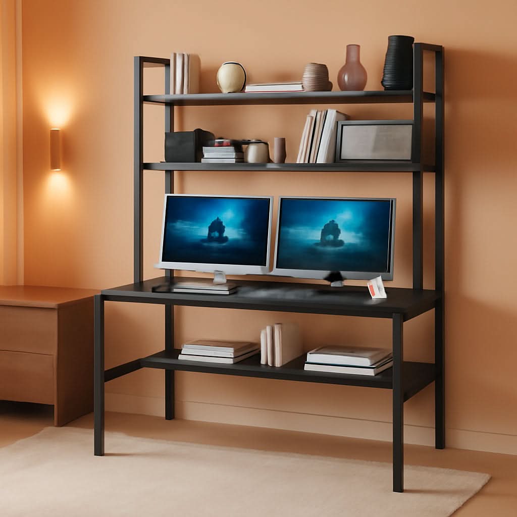 Black Computer Desk With Hutch And Bookshelf Extra Large Desktop
