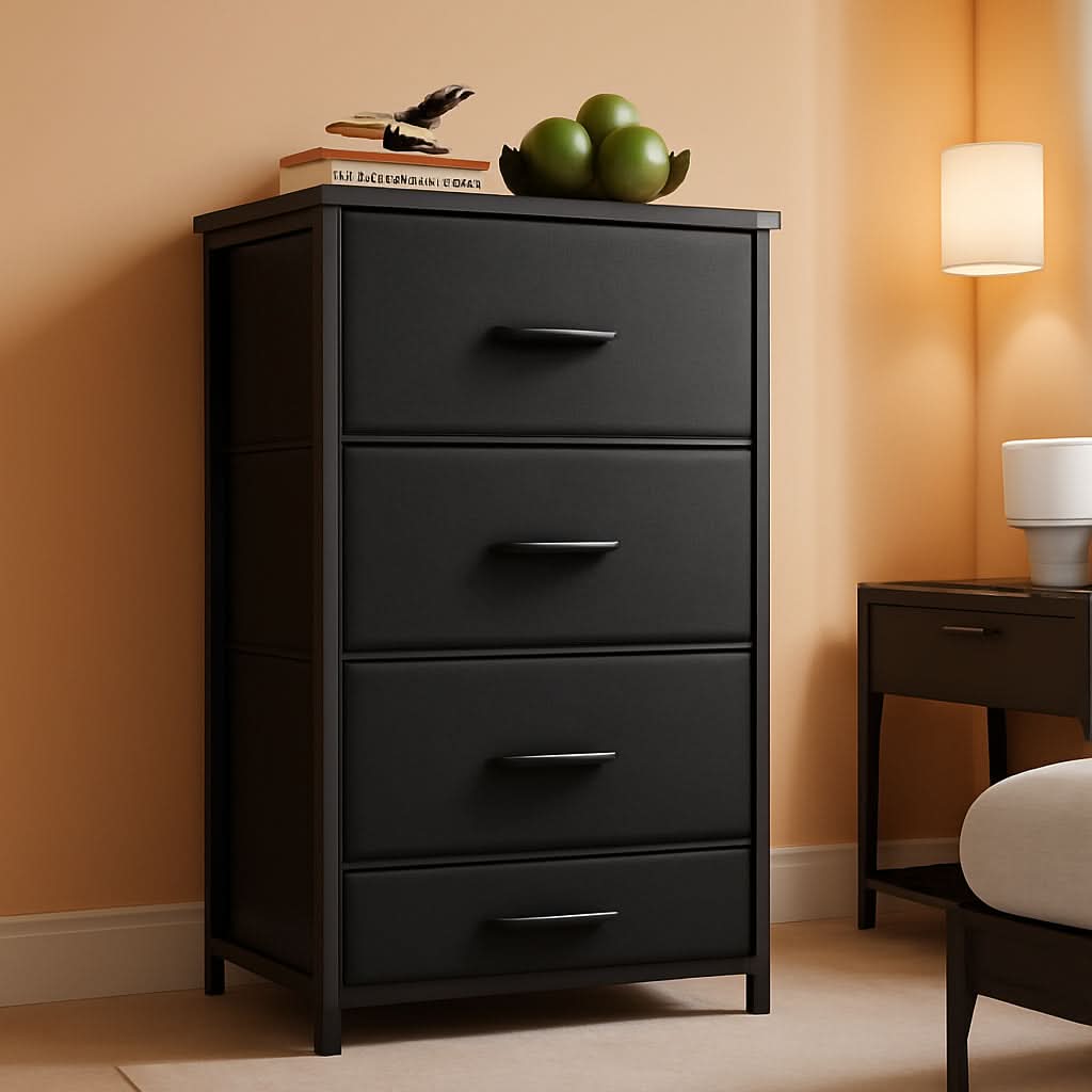 Black Textured Fabric Dresser With Four Deep Drawers