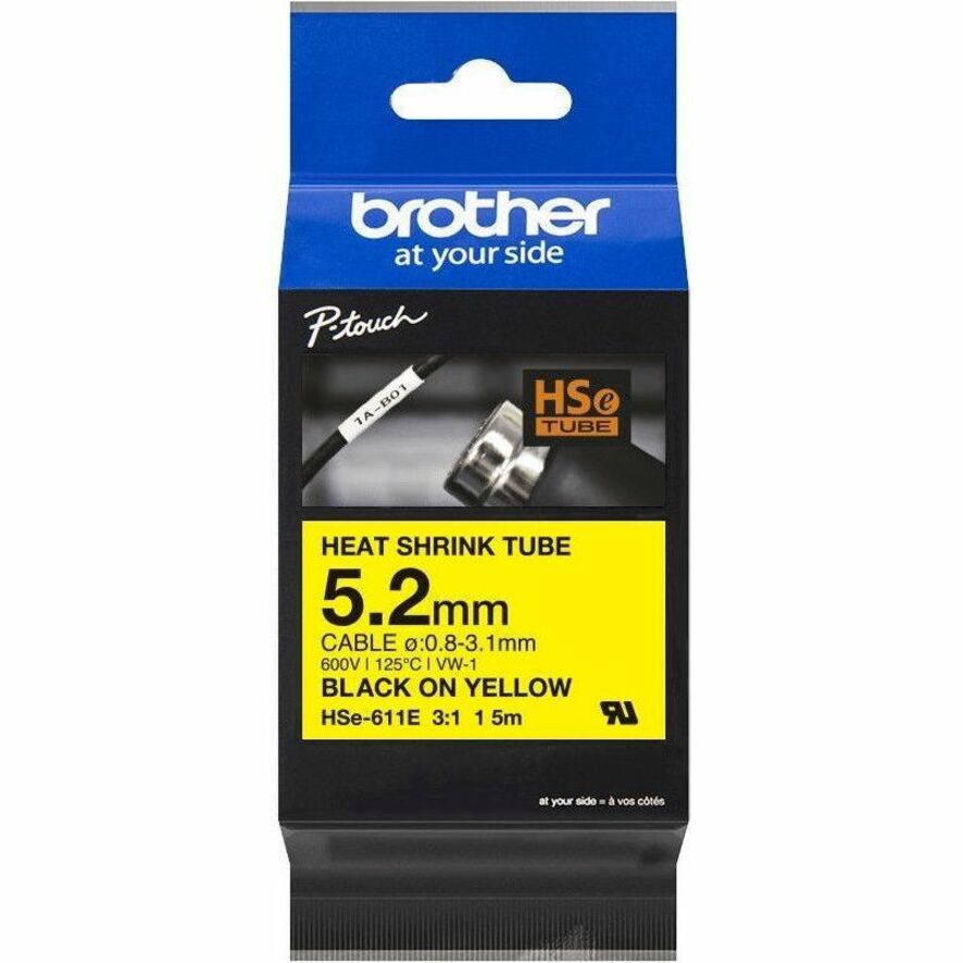 Brother HSe-611E Heat Shrink Tube Tape Cassette - Black on Yellow, 5.2mm wide - 13/64"