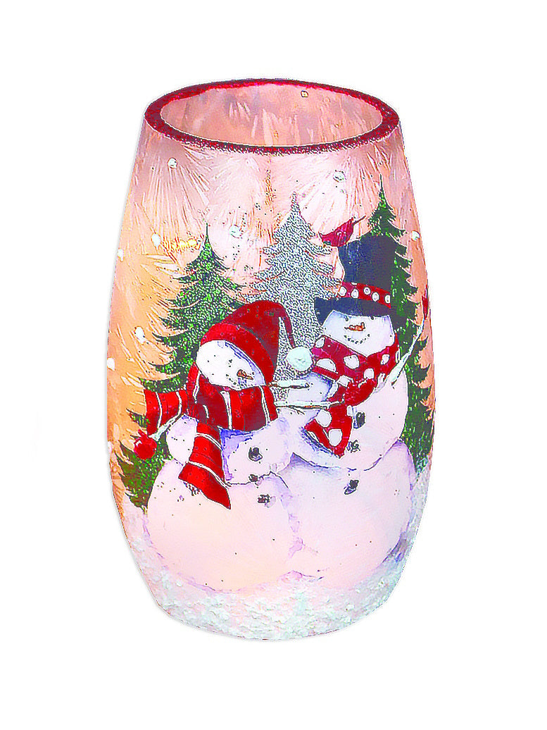 Cardinal and Snowman Lighted Jar with Ribbon -