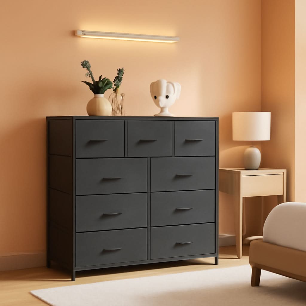 Charcoal Black 9 Drawer Dresser For Bedroom Storage