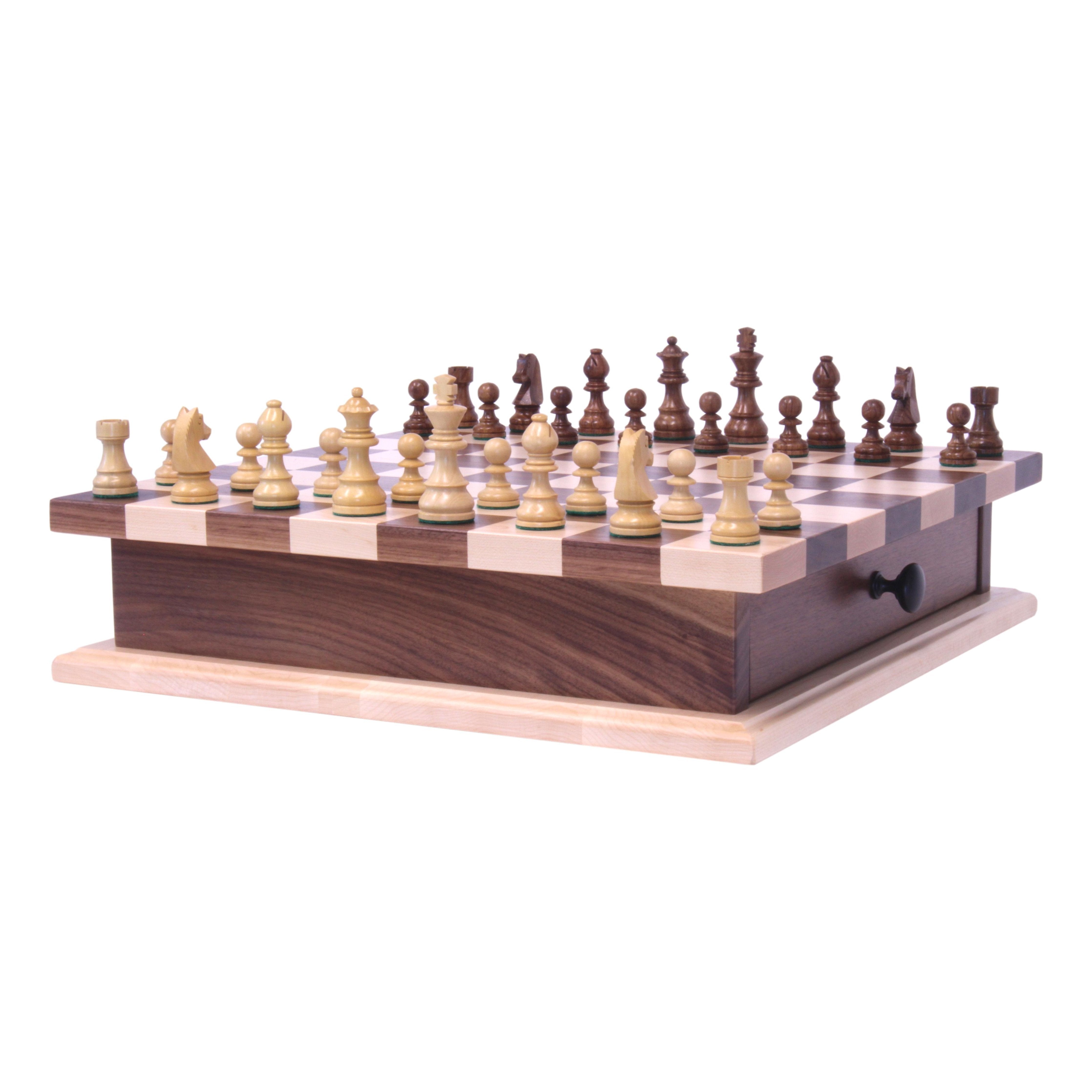Deluxe Chess/Checkers Wooden Game Board Set - with Pullout Drawer