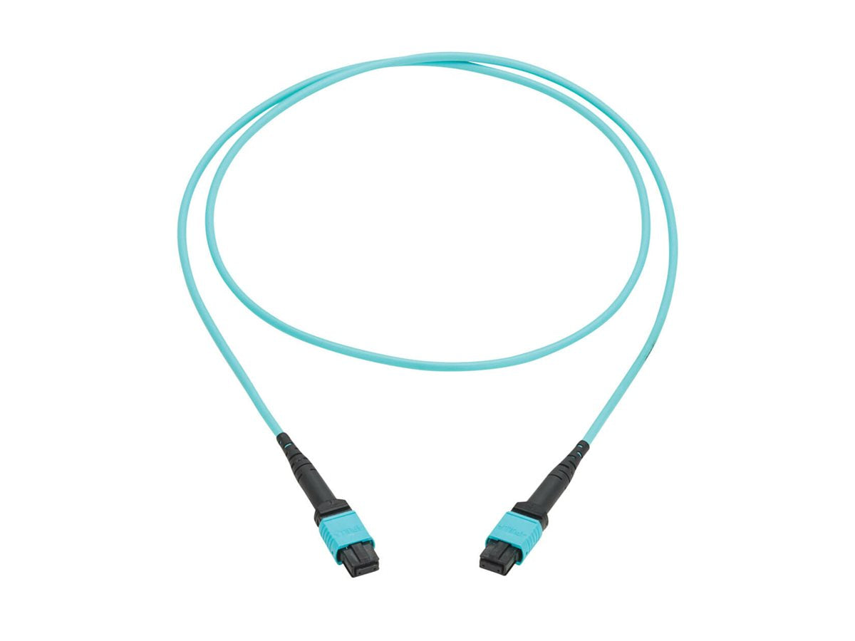 Eaton Tripp Lite Series 100G Multimode 50/125 OM4 Fiber Optic Cable 12F MPO/MPO-PC F/F Type-B Polarity OFNP Aqua 1M TAA - Network N845B-01M-12TAA