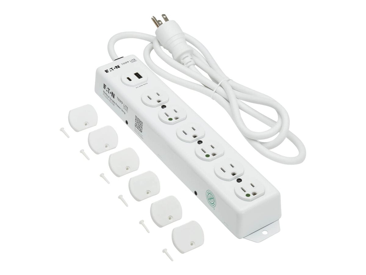 Eaton Tripp Lite Series UL 1363 Medical-Grade Power Strip, 6 Hospital-Grade Outlets, USB Charging, Safety Covers, Antimicrobial, PS-606-HGUSB