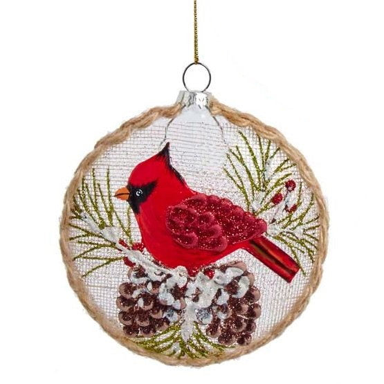 Glass Disc With Cardinal Ornament - Single with Pinecones