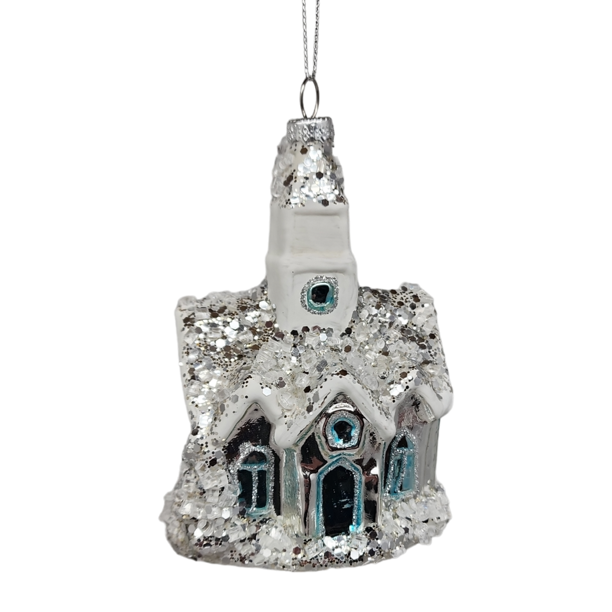 Glass Snowy Church Ornament -