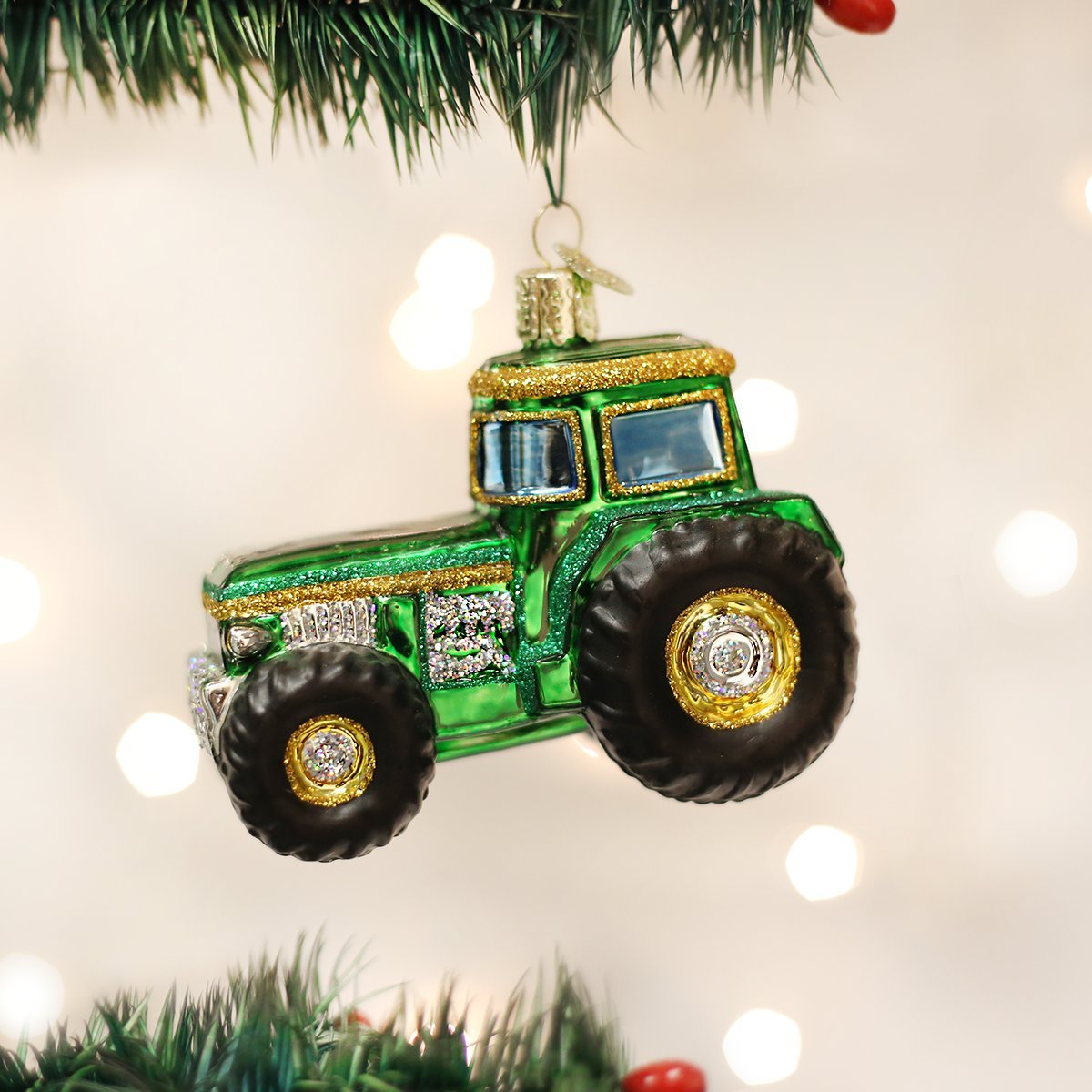 Green Tractor Glass Ornament