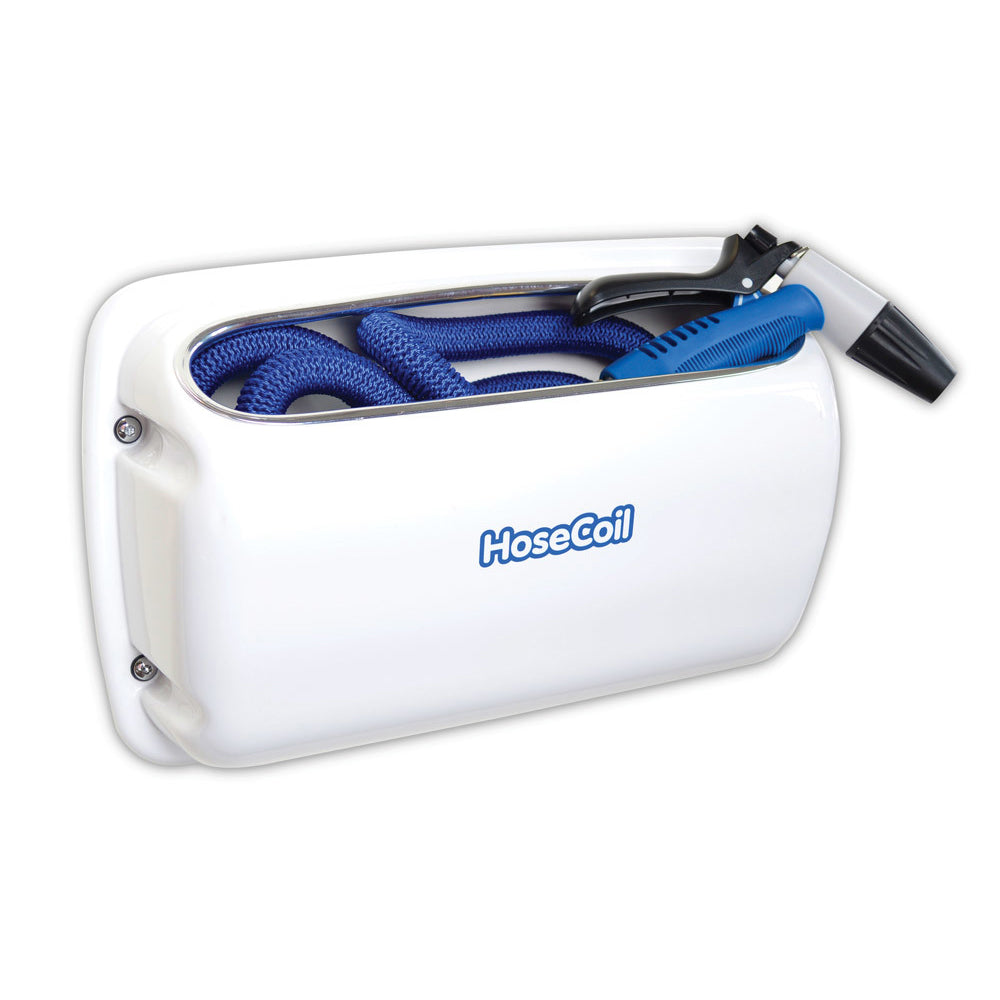 HoseCoil Side Mount Expandable White Enclosure w/50' Blue Hose, Shutoff Valve &