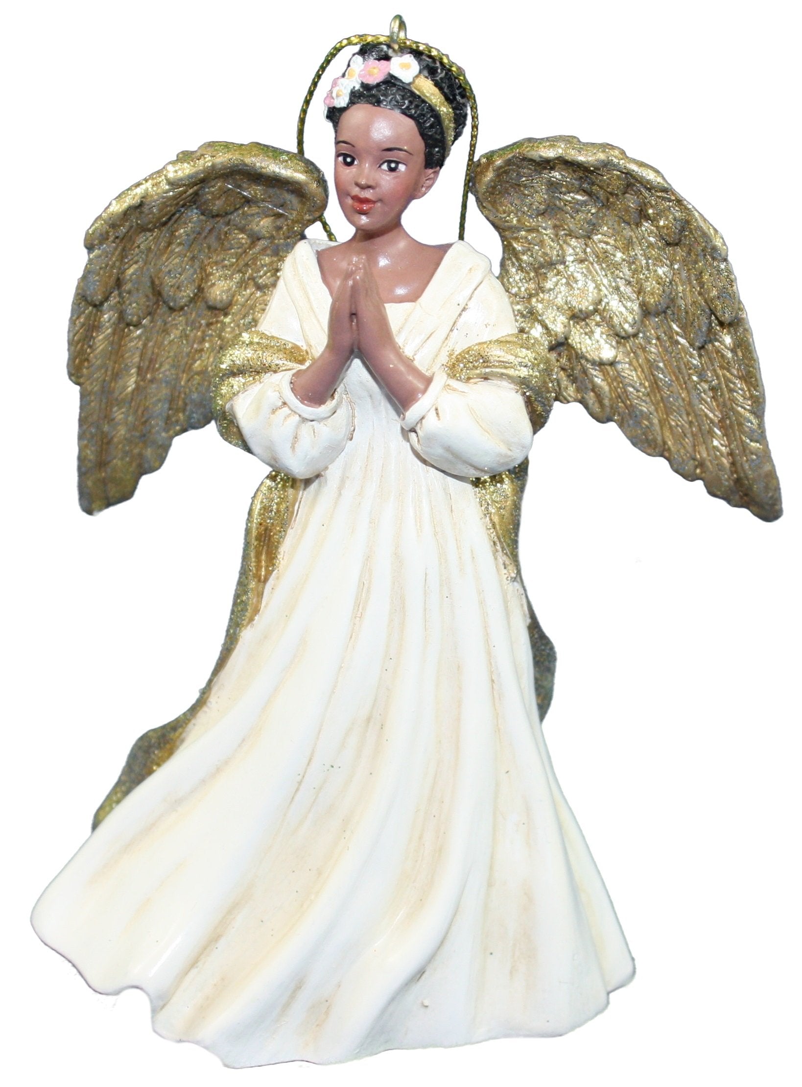 Ivory And Gold African American Angel Ornament - Praying Hands