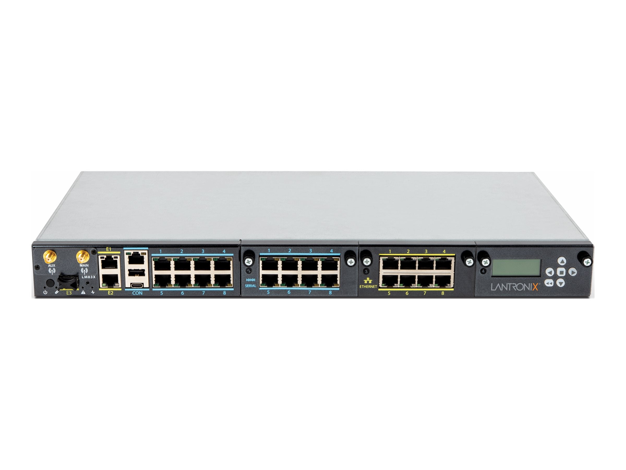 Lantronix LM83X - Console server - 24 serial ports, 8 dedicated Ethernet ports, LCD module, 3 Ethernet ports, includes LMS - 83X-24S-E24-NAA