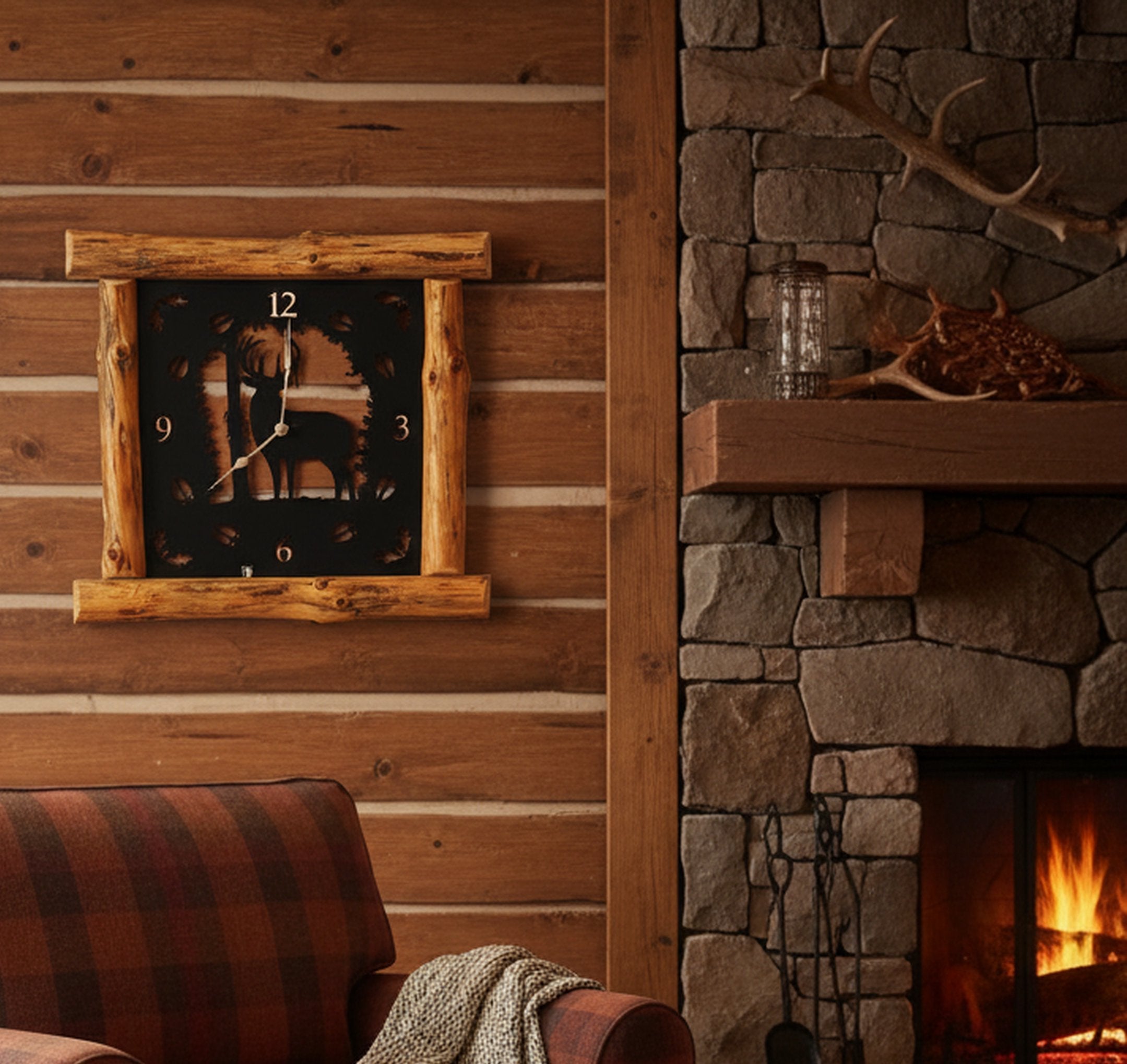 Large Rustic Wall Clock with 16" Analog Display, Pine Log Frame, Metal Wildlife Art Clock Face