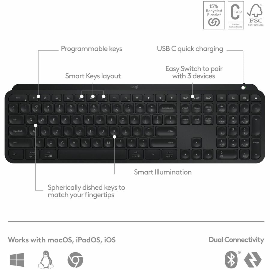 Logitech Keyboard - Wireless Connectivity - Bluetooth - USB Type C Interface - PC, Mac -