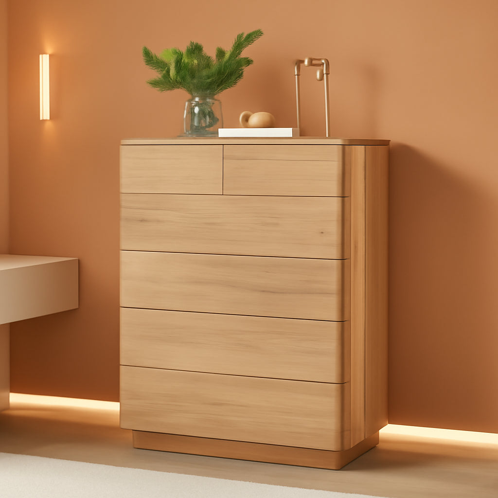 Natural Oak Push To Open 6 Drawer Dresser 42 Inch Tall