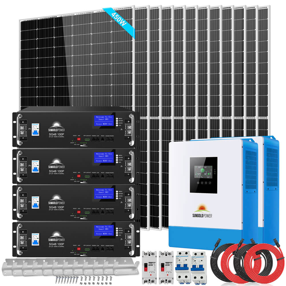Off Grid Solar Kit 10000W 48VDC 120V/240V LifePO4 20.48KWH Lithium Battery 12 X 450 Watts Solar Panels SGR-10K2M