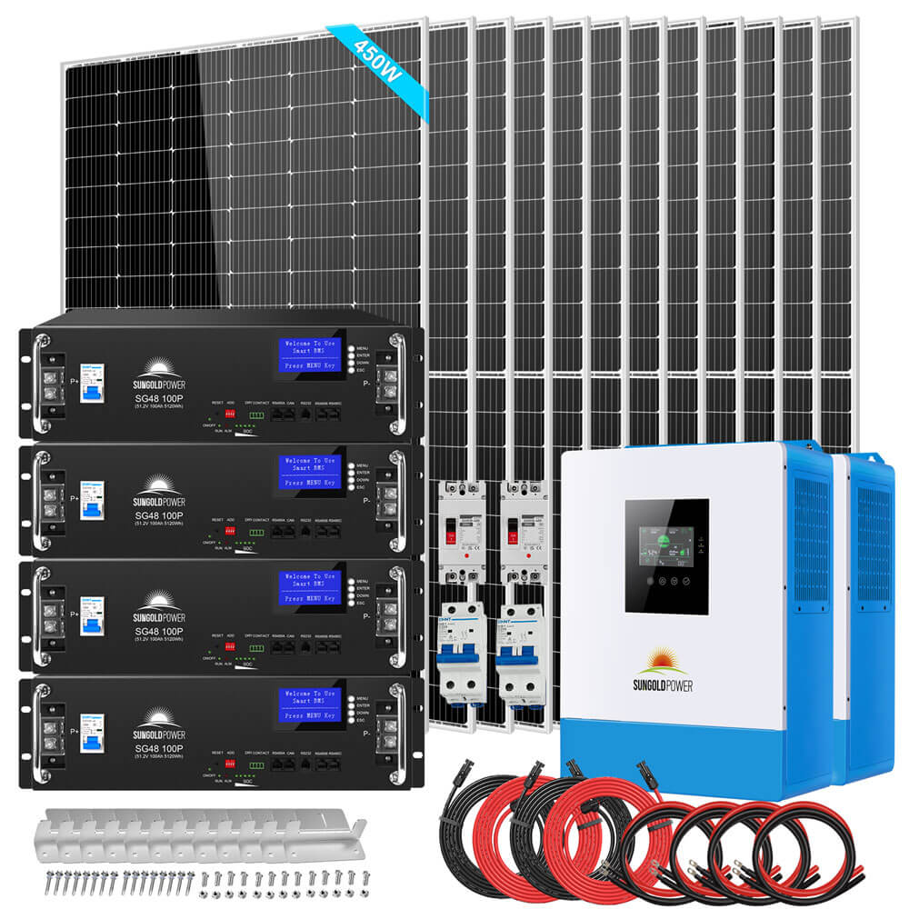 Off Grid Solar Kit 10000W 48VDC 120V/240V LifePO4 20.48KWH Lithium Battery 12 X 450 Watts Solar Panels SGR-10K2M