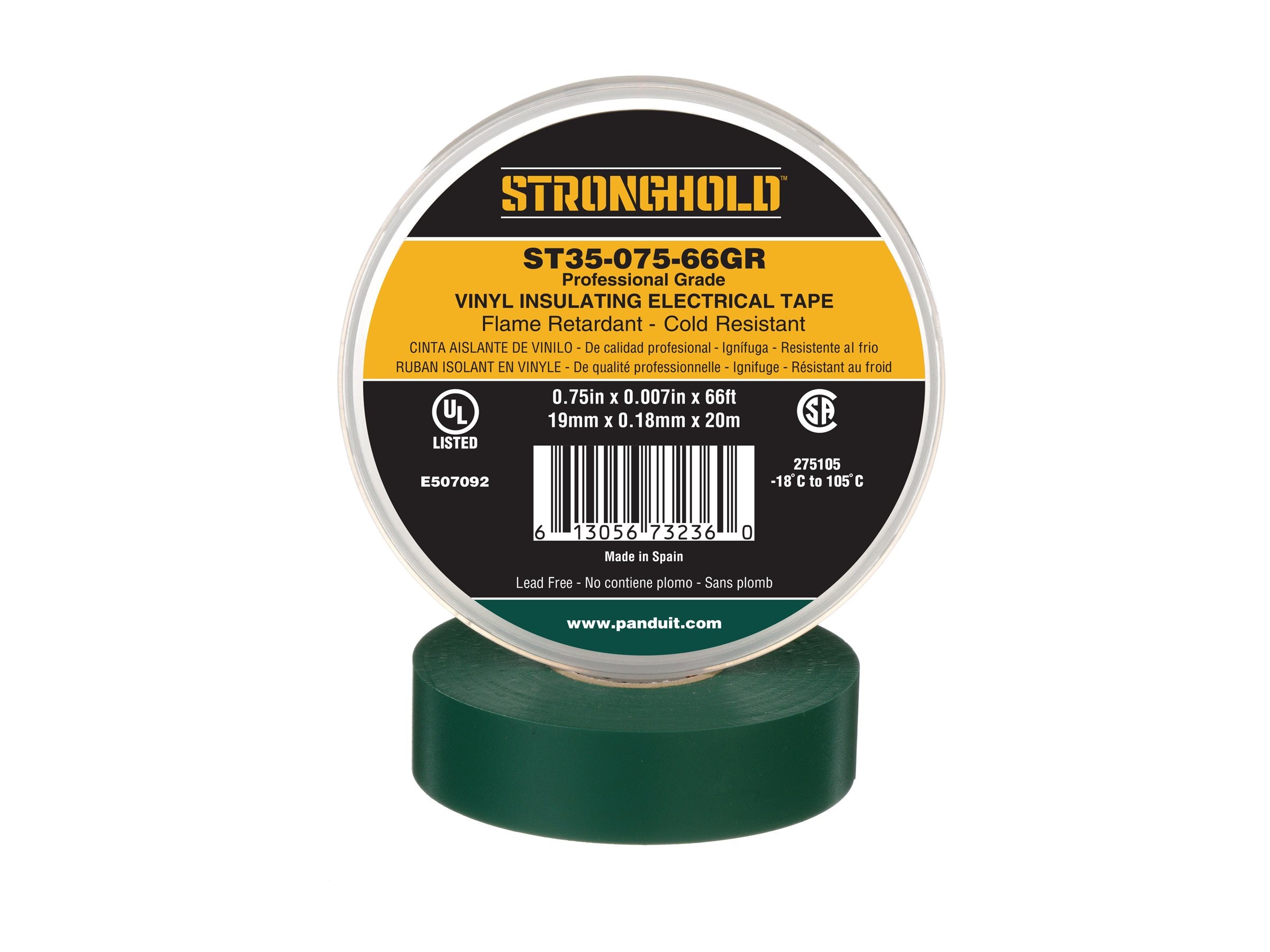 Panduit StrongHold ST35 Series - Electrical insulation tape - 0.75 in x 66 ft - polyvinyl chloride (PVC) - green ST35-075-66GR